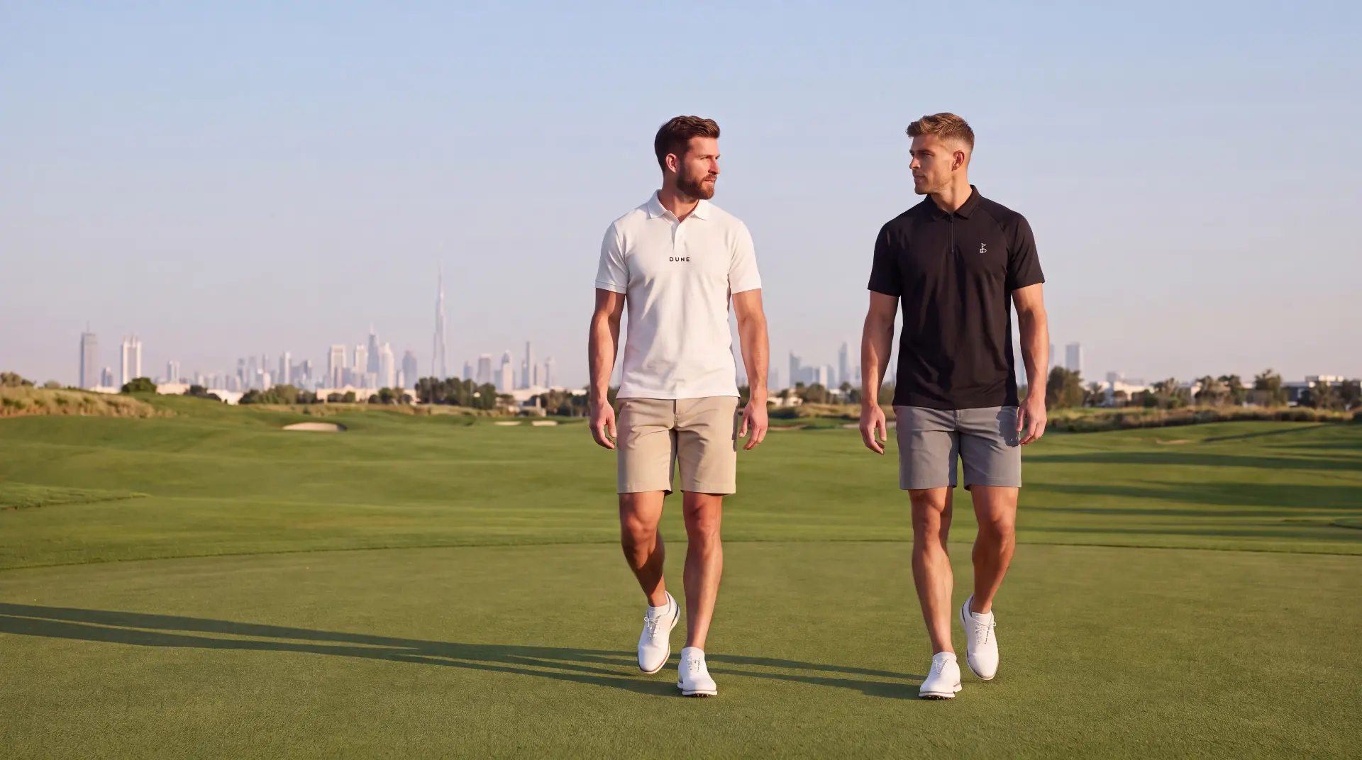 Two golfers in DUNE polos walking across a Dubai golf course with the Burj Khalifa skyline on the horizon